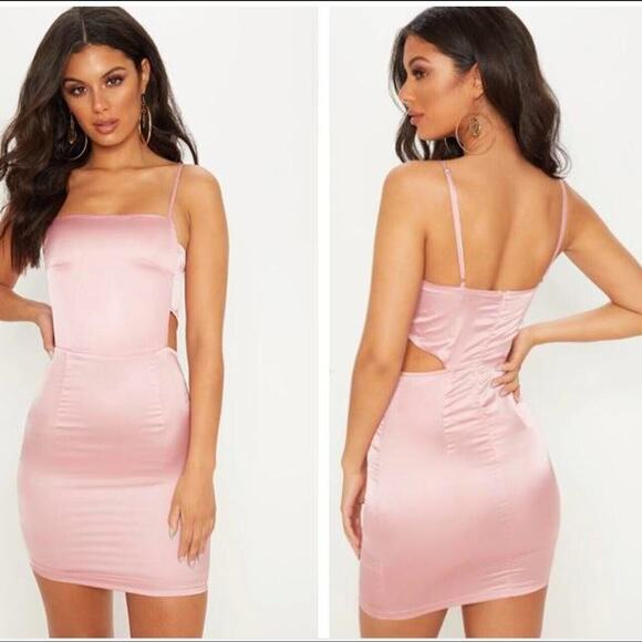Pretty Little Thing Rose Satin Cut Out Side Bodycon Dress Sz 0 Light Pink New - Picture 1 of 9